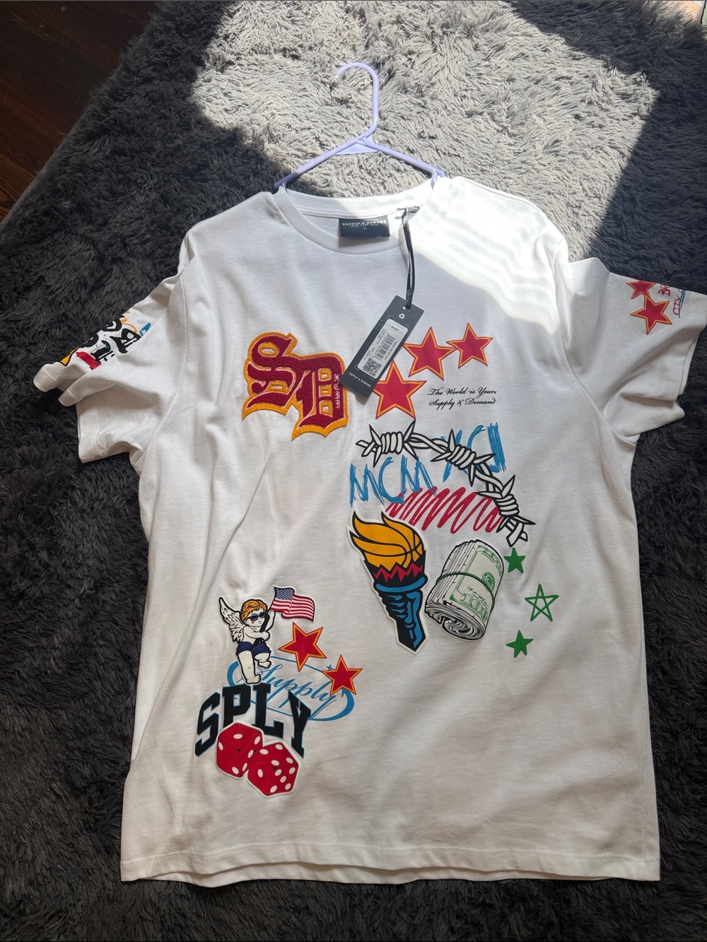 White Graphic Short-Sleeve Tee with Bold Multicolor Prints